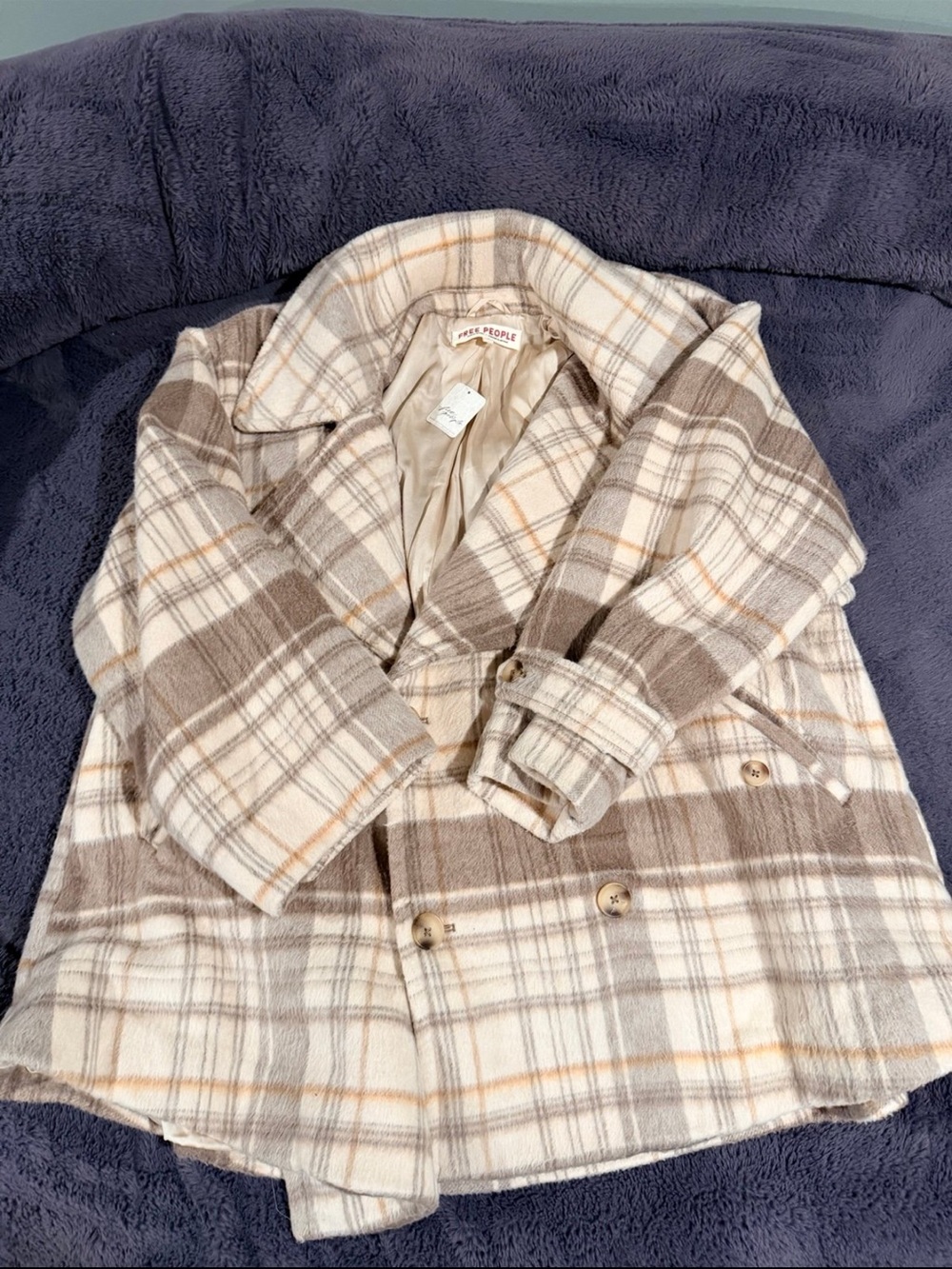 Free People Cream, Brown & Tan Plaid Peacoat
